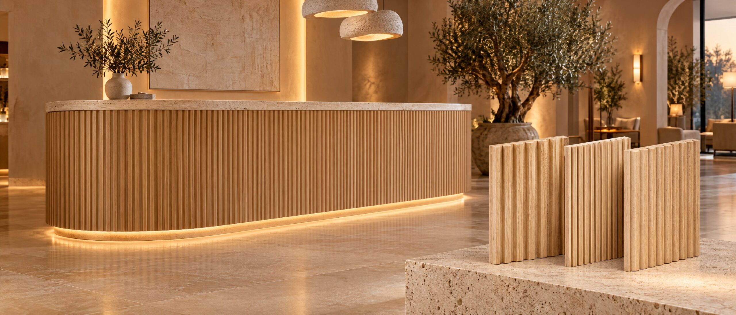 di Massivo Wood: curved oak reception desk with oak Legato, Tempo and Vento samples