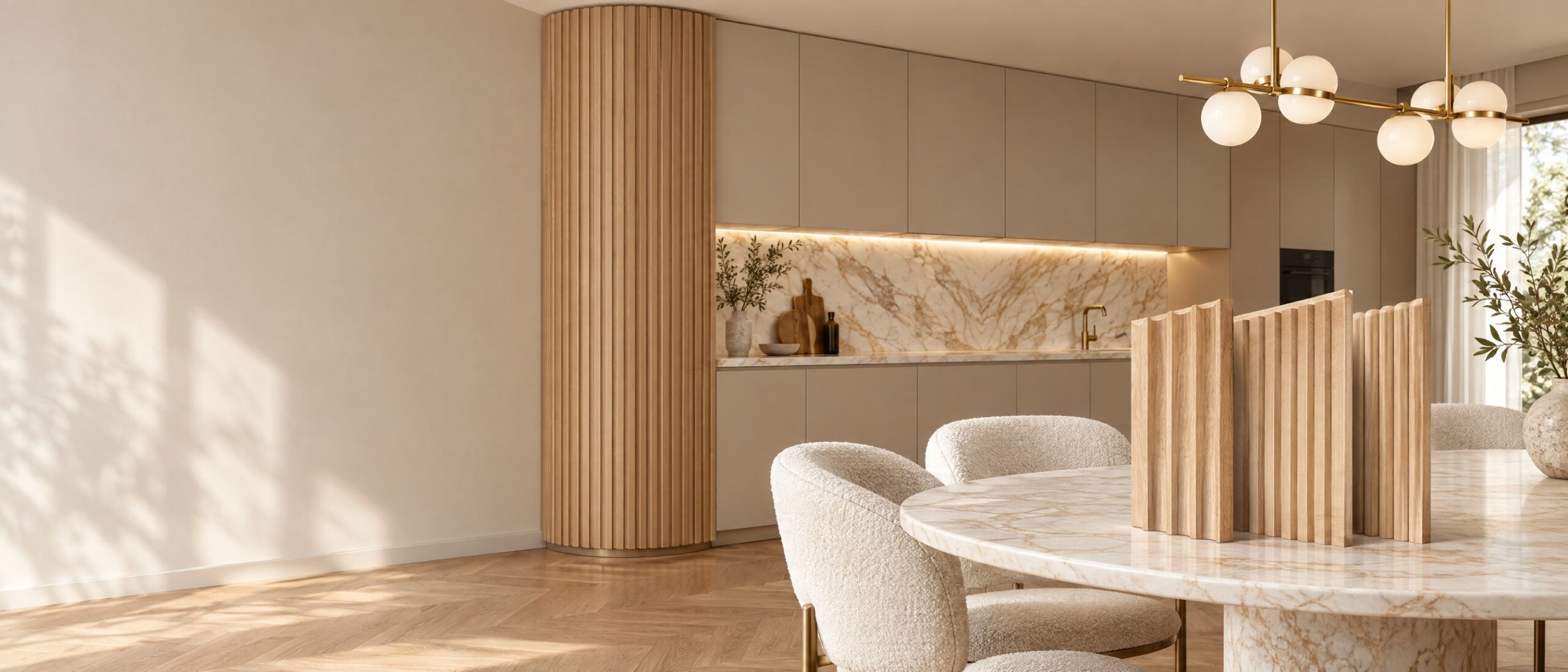 di Massivo Wood: rounded oak fluted column in a greige kitchen with oak samples