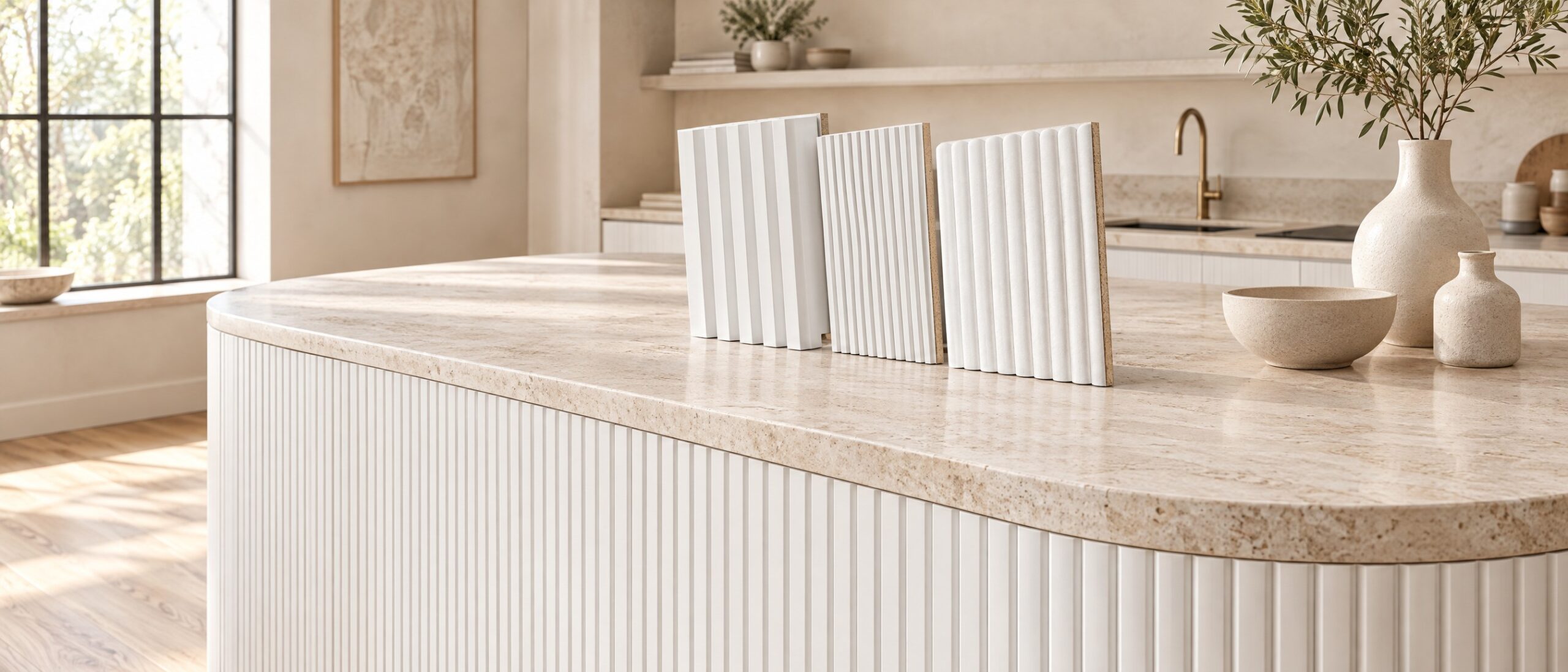 di Massivo White samples on a travertine island with white fluted front