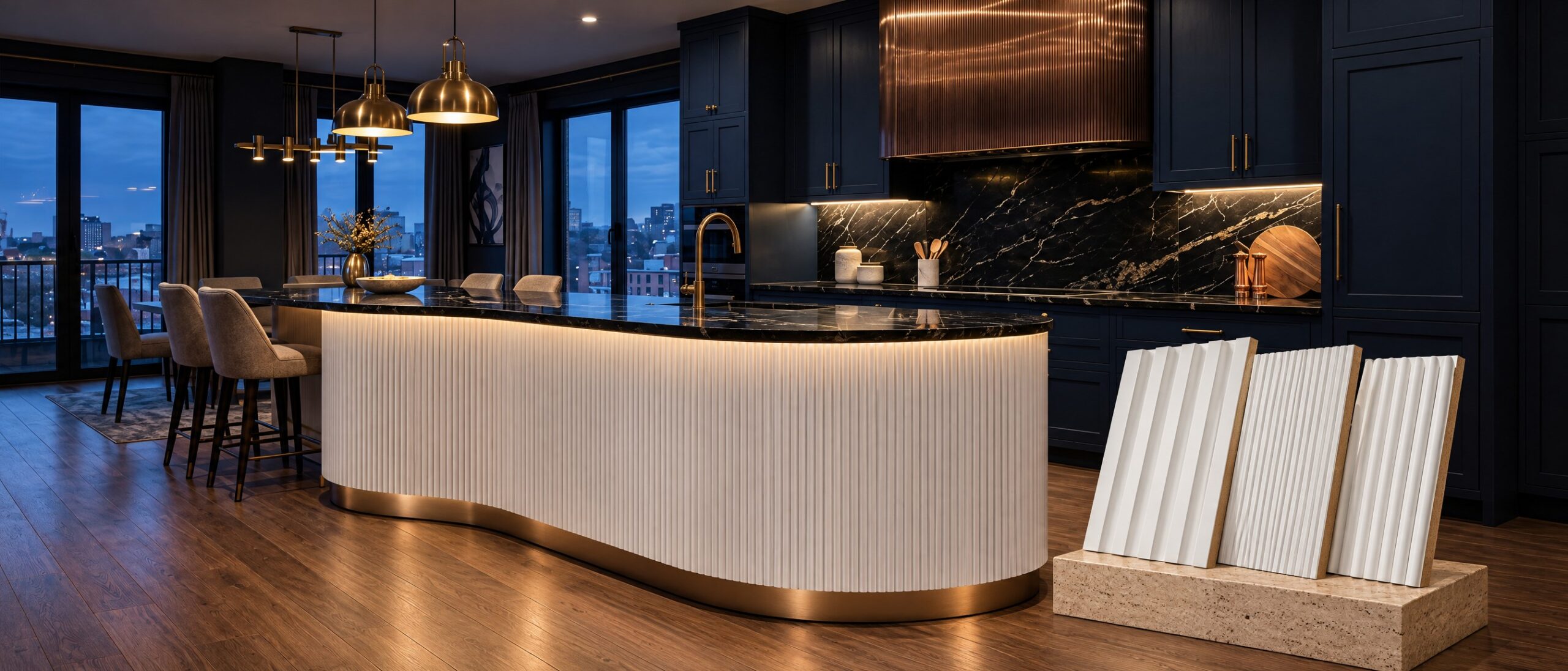 di Massivo White: curved kitchen island clad in white fluted MDF with Legato, Tempo and Vento samples
