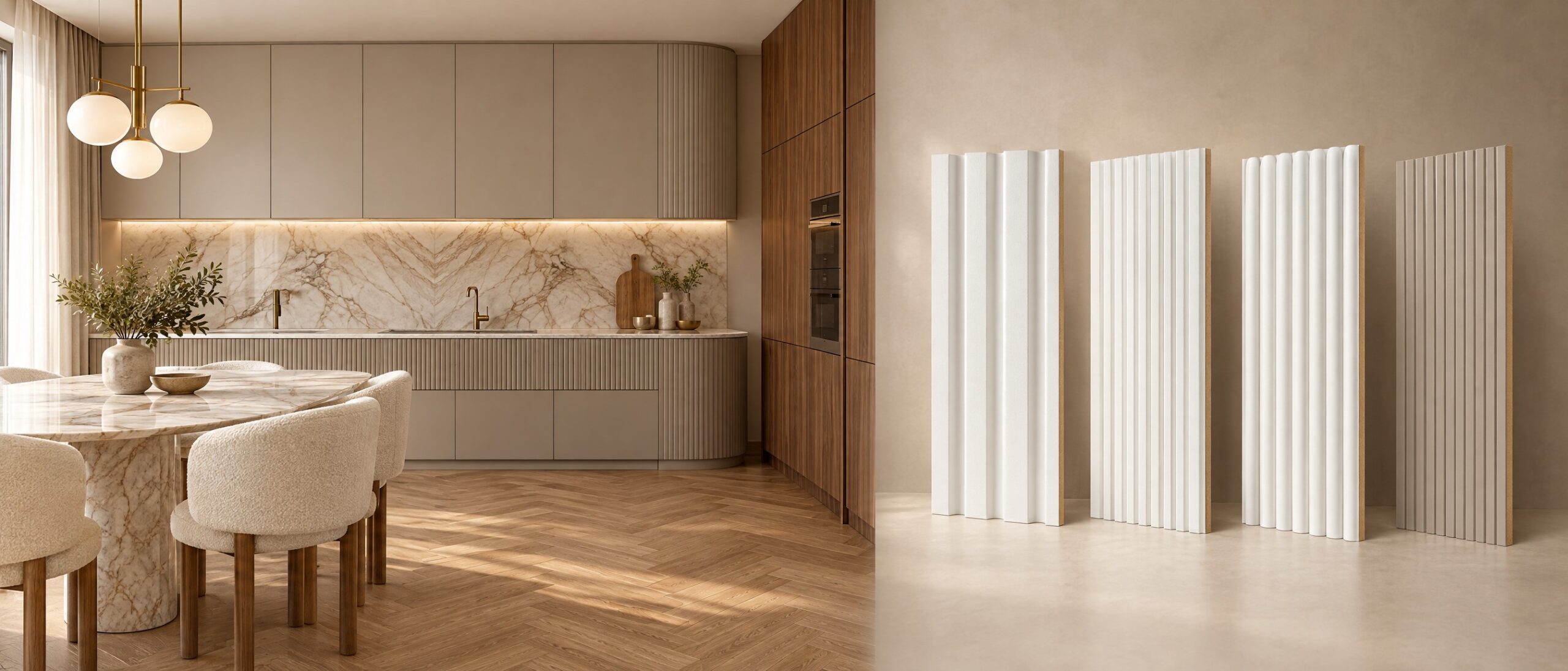di Massivo White: greige kitchen with rounded fluted cabinets and white primed plus greige painted samples