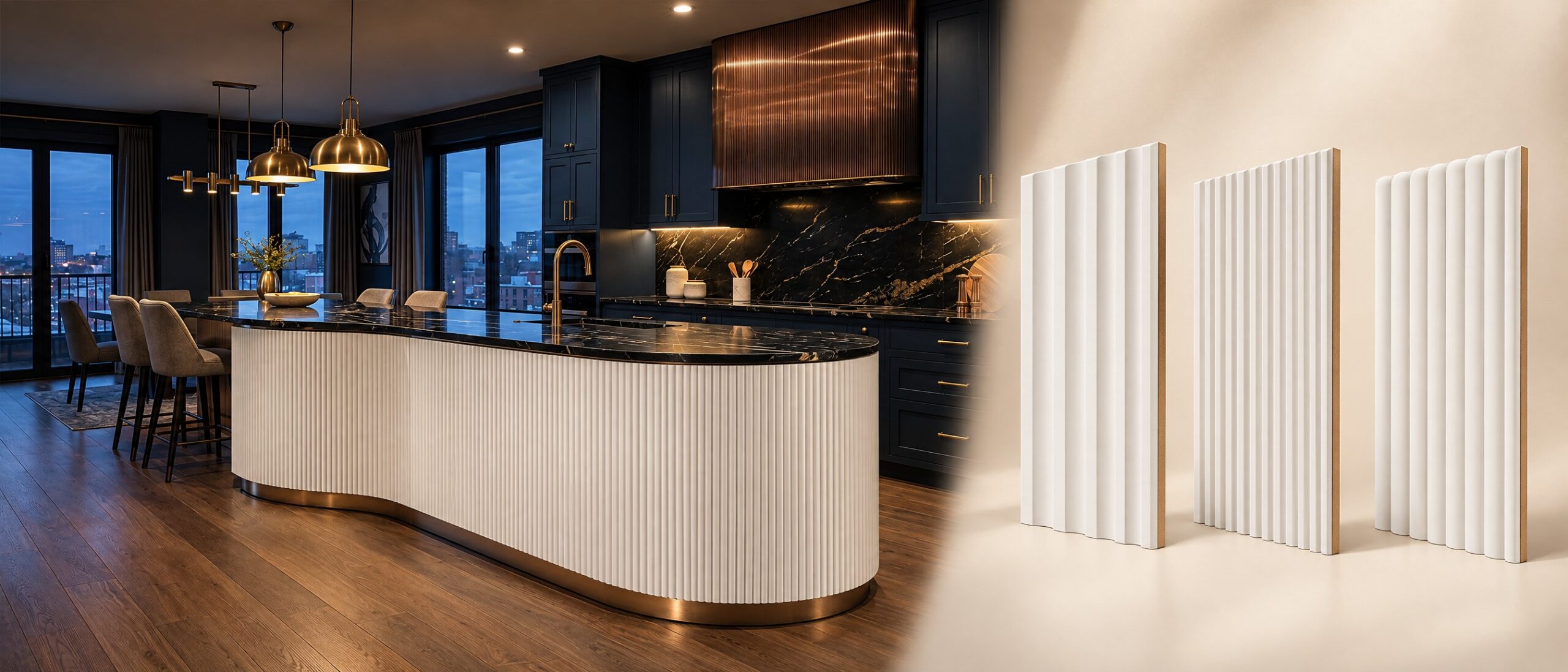 di Massivo White: curved kitchen and the three white MDF profiles