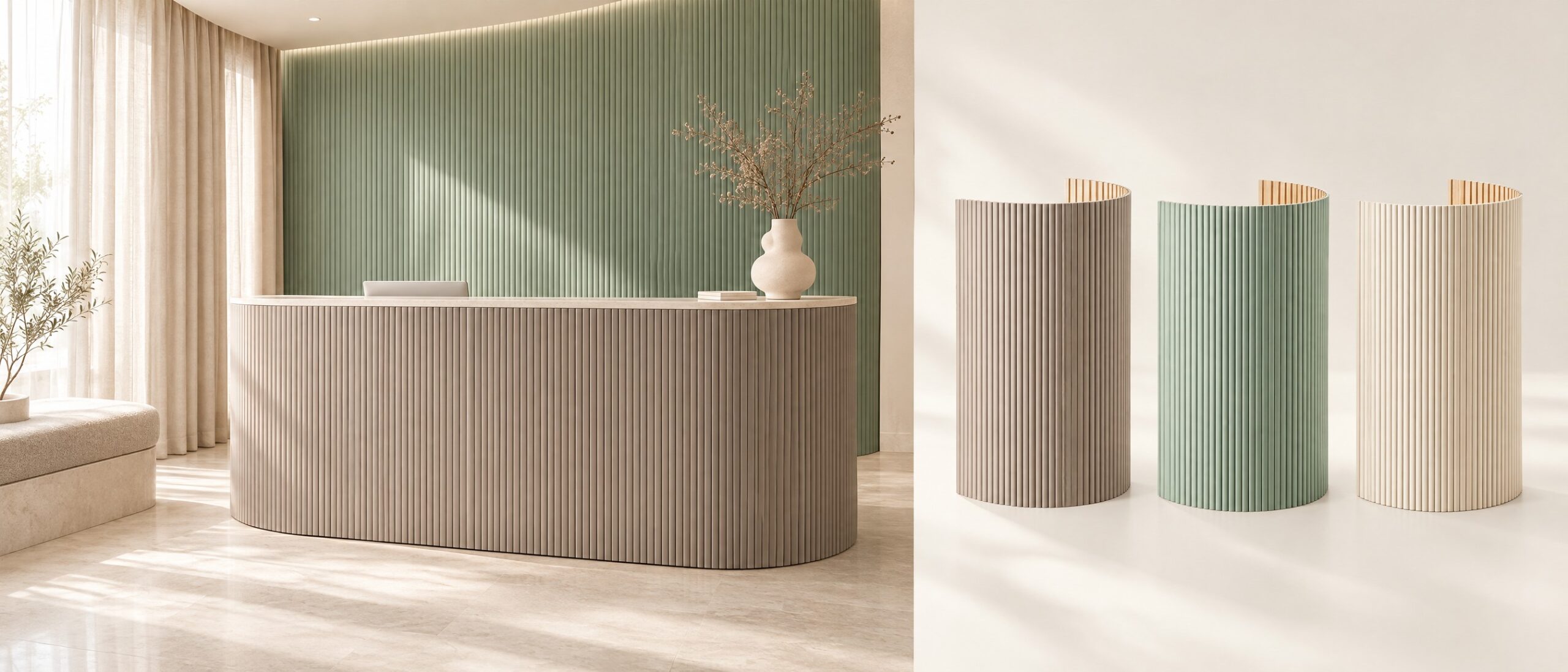 Flexpanel Matte: spa reception in taupe and sage with matte samples