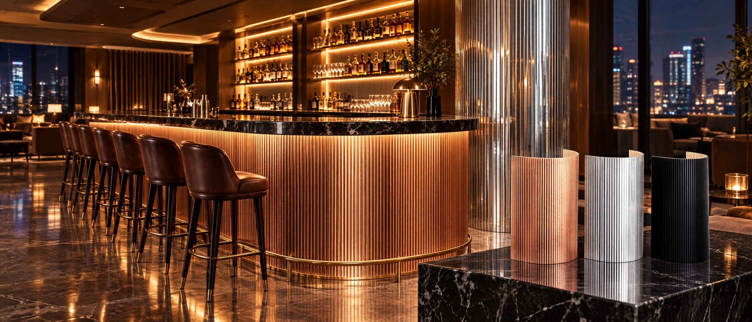 Flexpanel Metal: bronze curved bar front with bronze, silver and black samples
