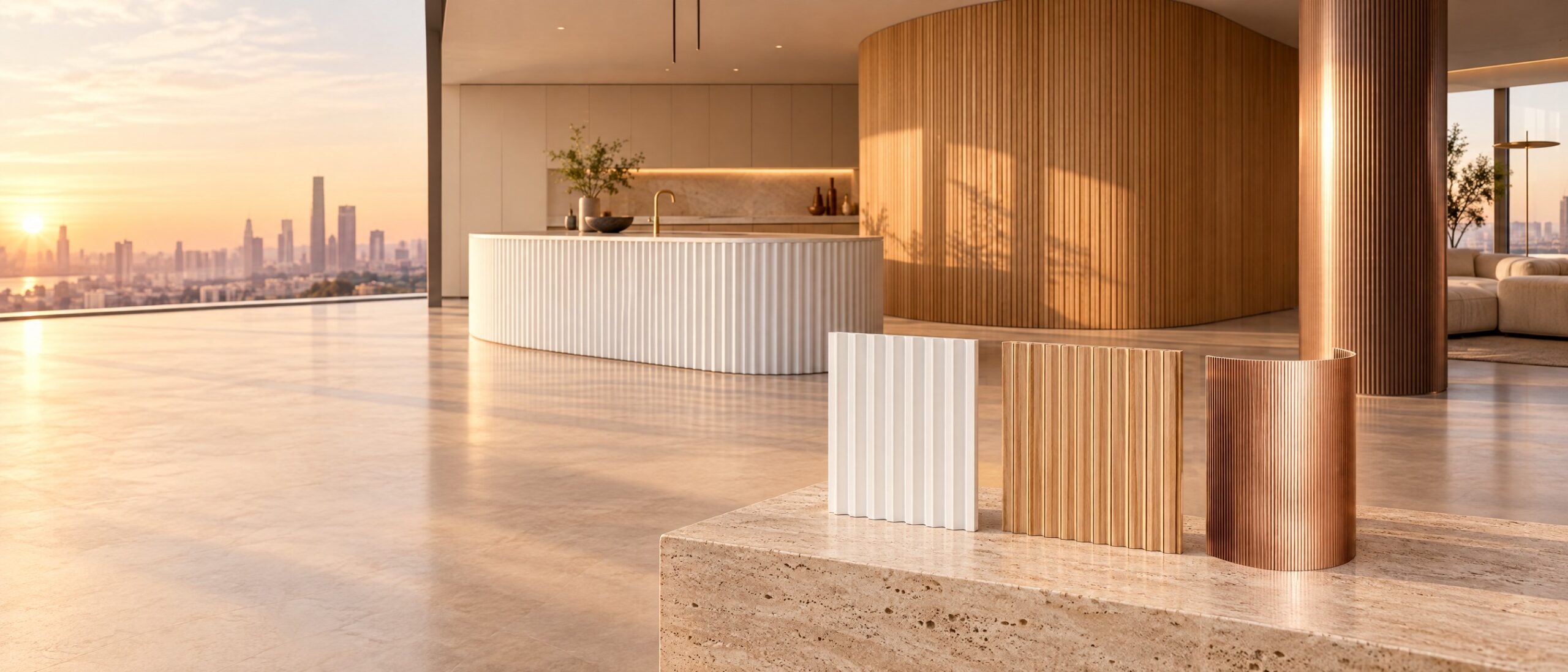 JP Trio: white MDF island, oak wall and bronze column with the three material samples